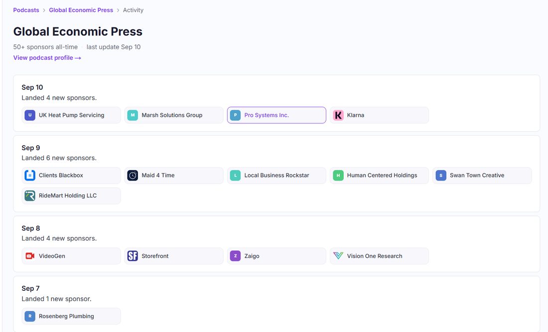 Podmerse activity feed for a followed podcast, showing each new sponsor it landed
